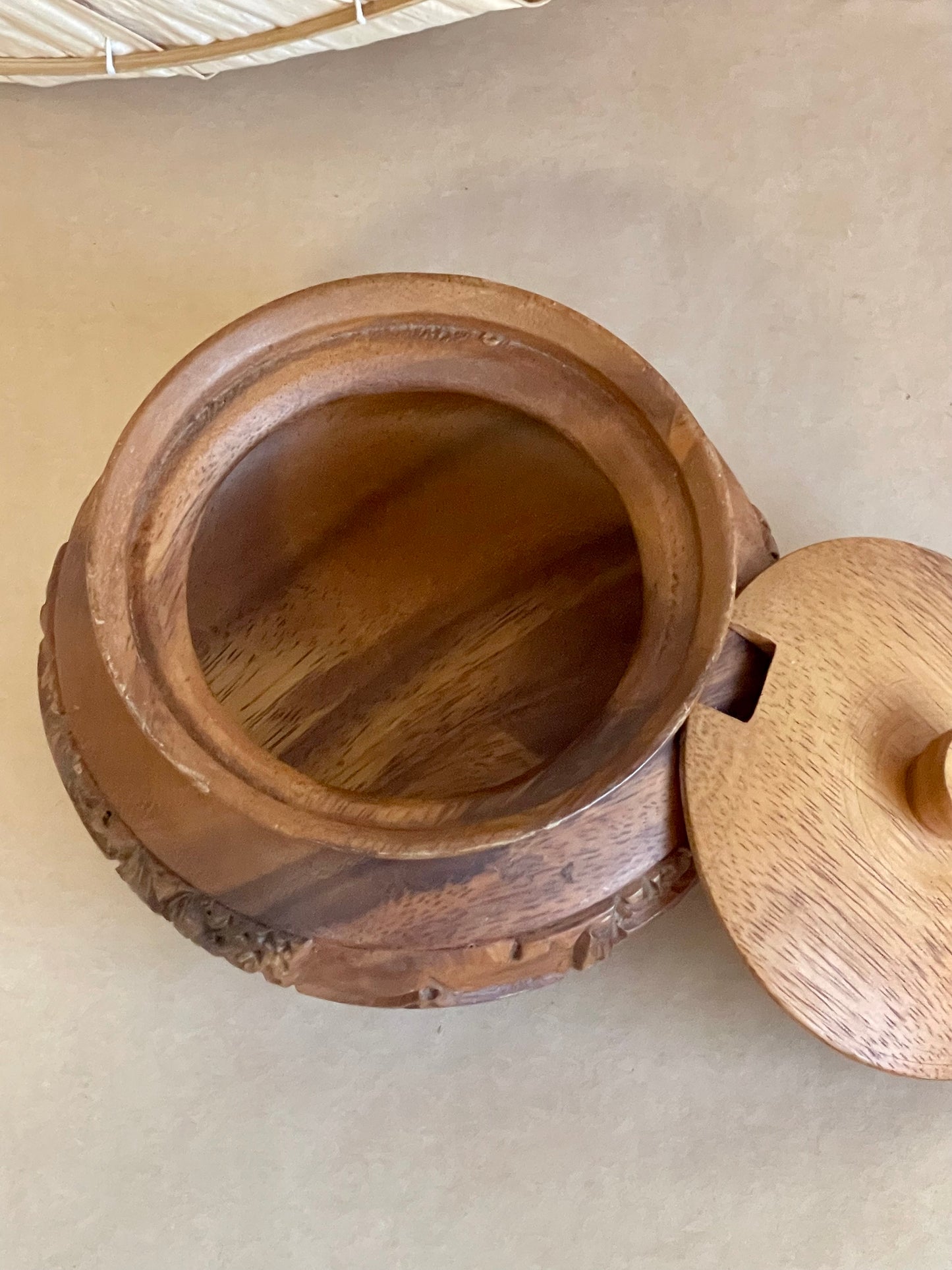 Decorative Carved Wooden Bowl with Lid