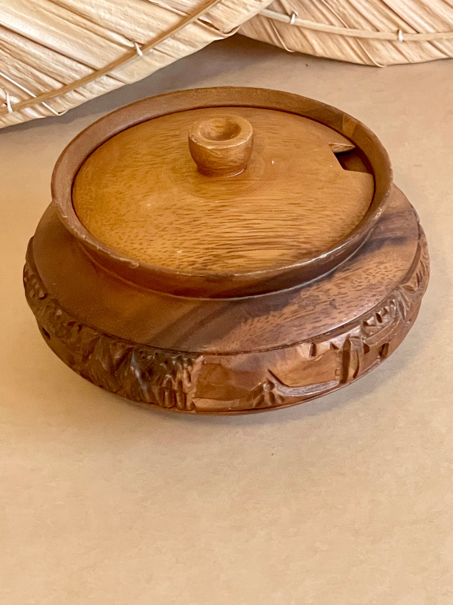 Decorative Carved Wooden Bowl with Lid