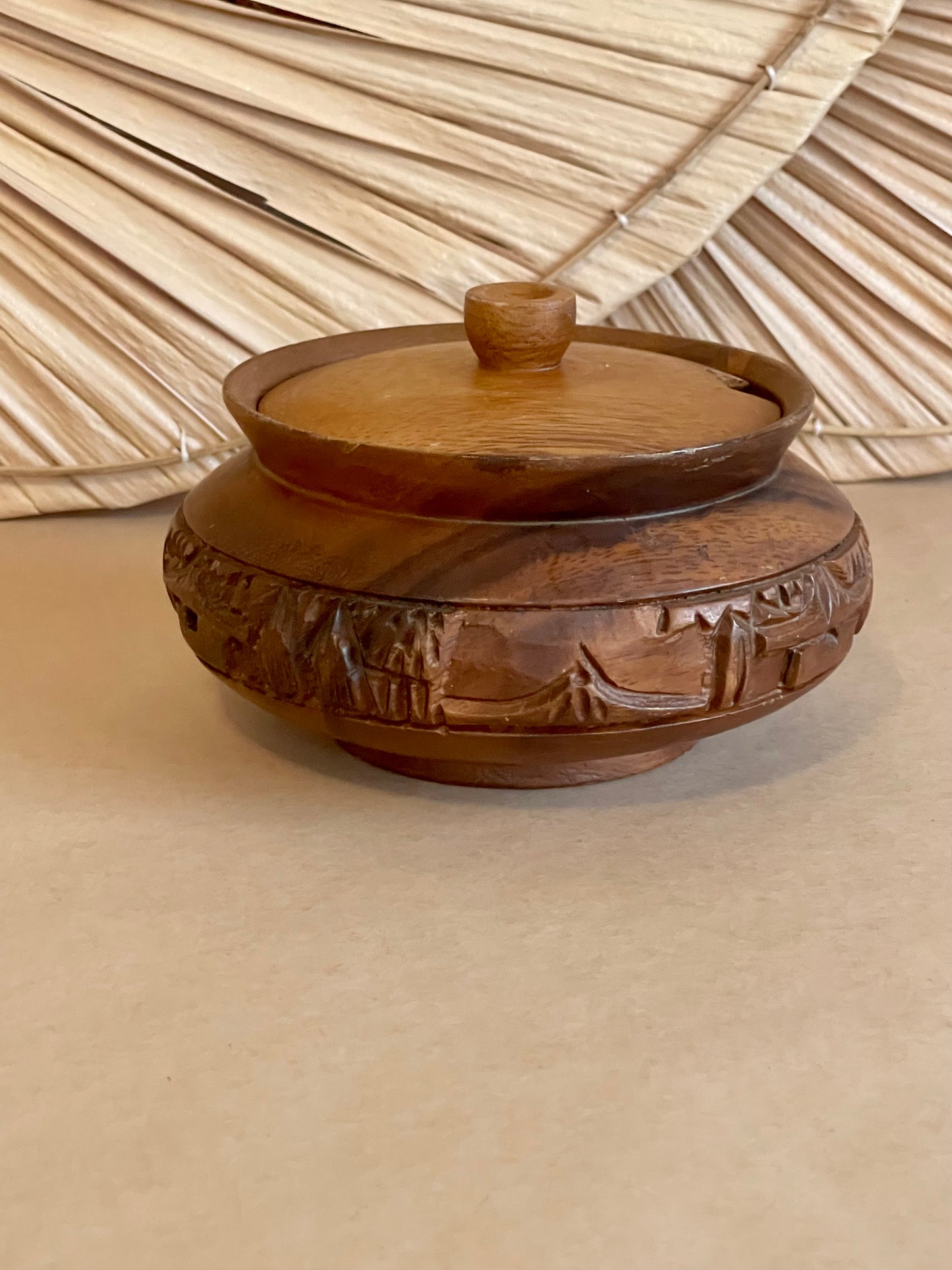 Decorative Carved Wooden Bowl with Lid