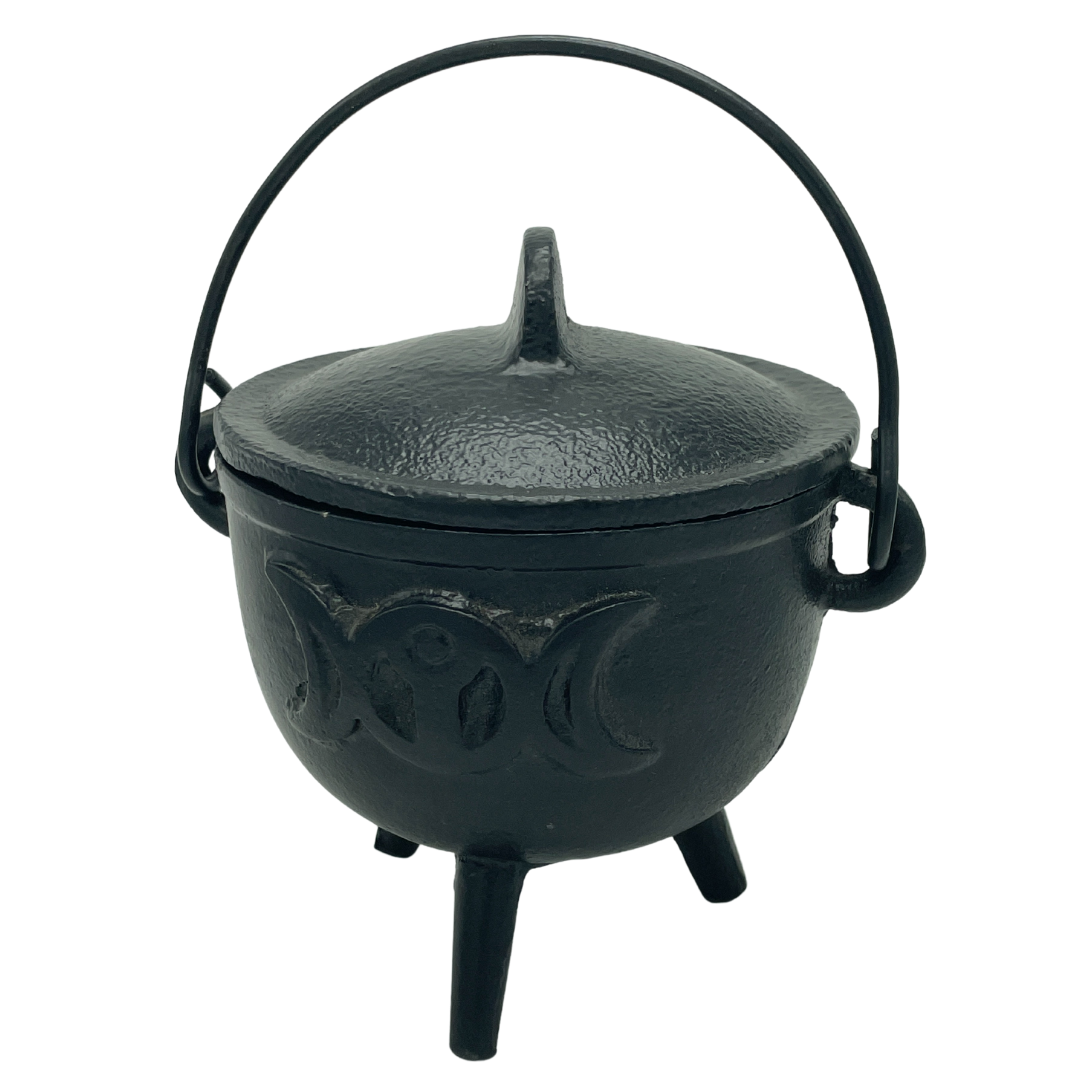 Cast Iron Cauldron Triple Moon With Lid- Black