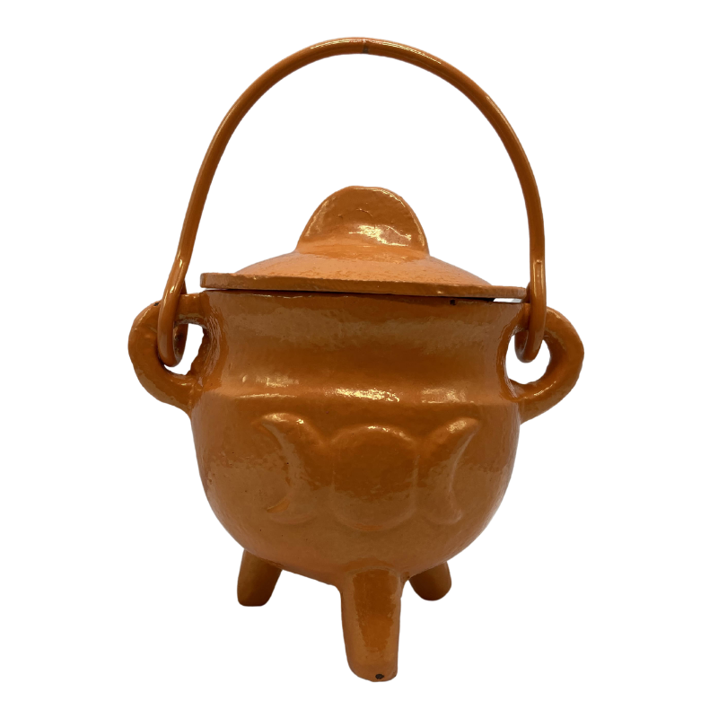 Cast Iron Cauldron Triple Moon With Lid Orange