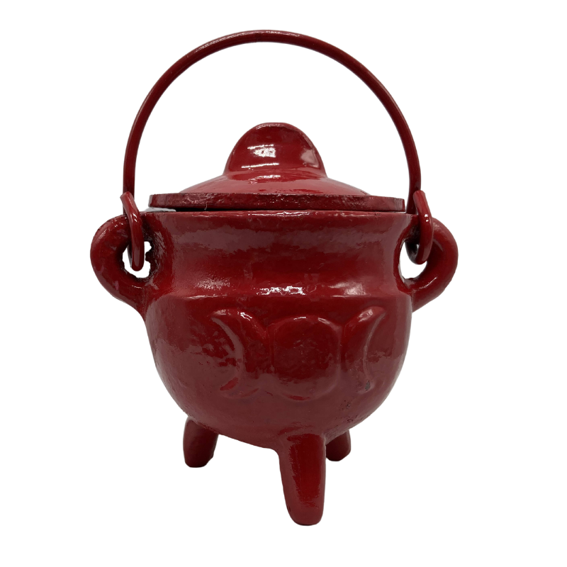 Cast Iron Cauldron Triple Moon With Lid Red