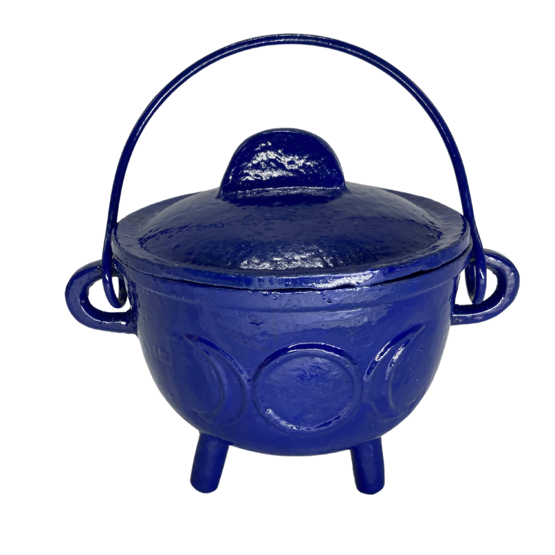 Cast Iron Cauldron Triple Moon With Lid Blue