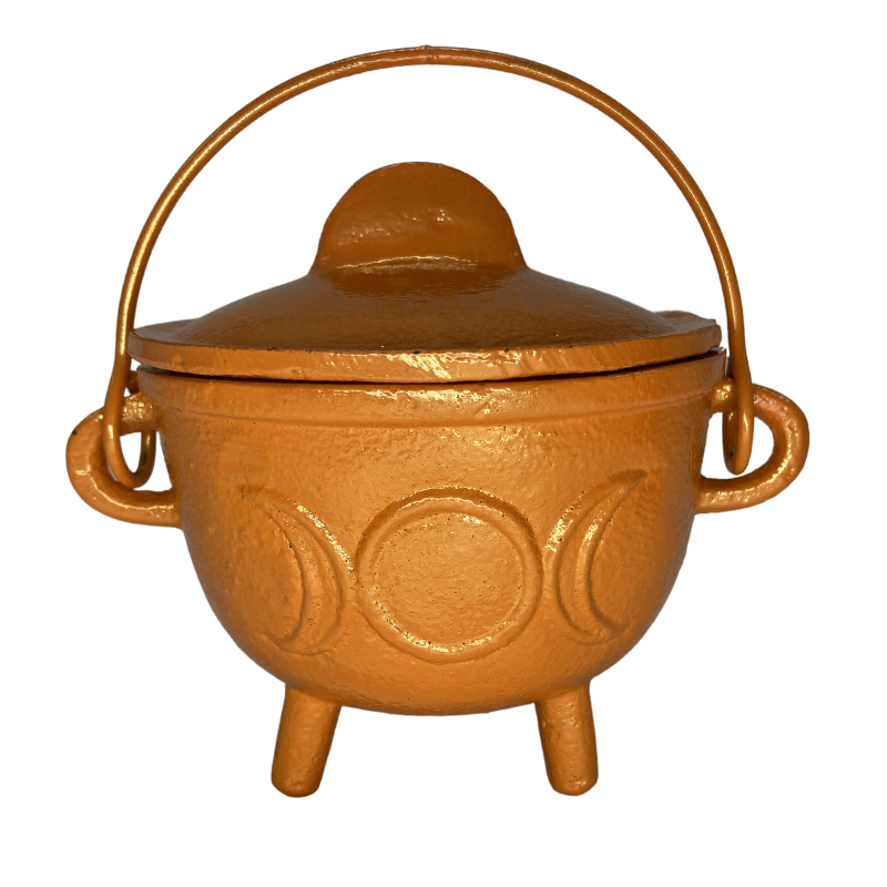 Cast Iron Cauldron Triple Moon With Lid Orange