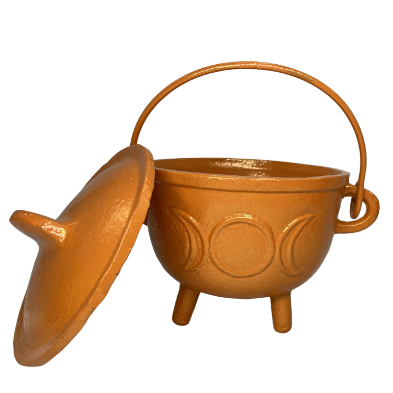 Cast Iron Cauldron Triple Moon With Lid Orange