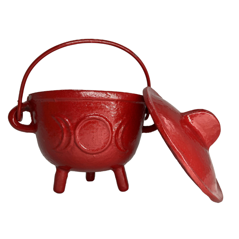 Cast Iron Cauldron Triple Moon With Lid Red