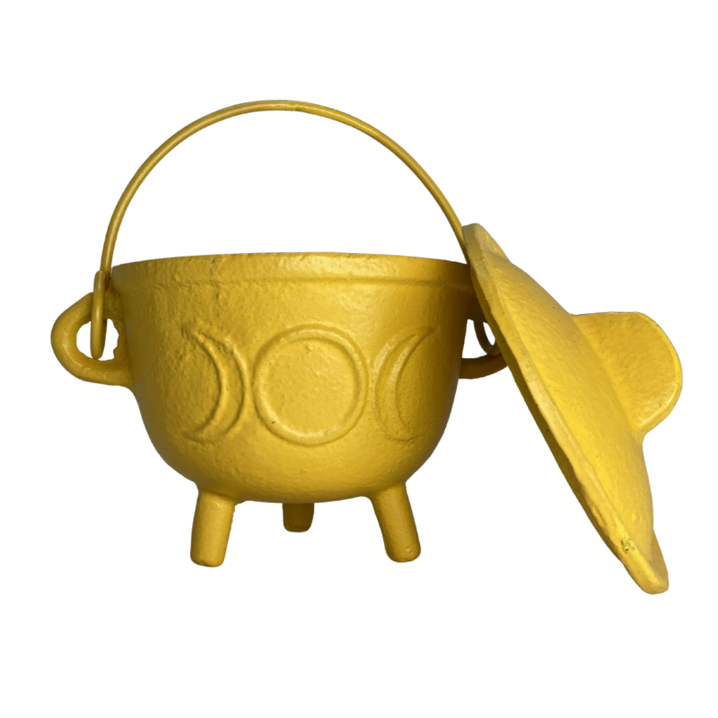 Cast Iron Cauldron Triple Moon With Lid Yellow