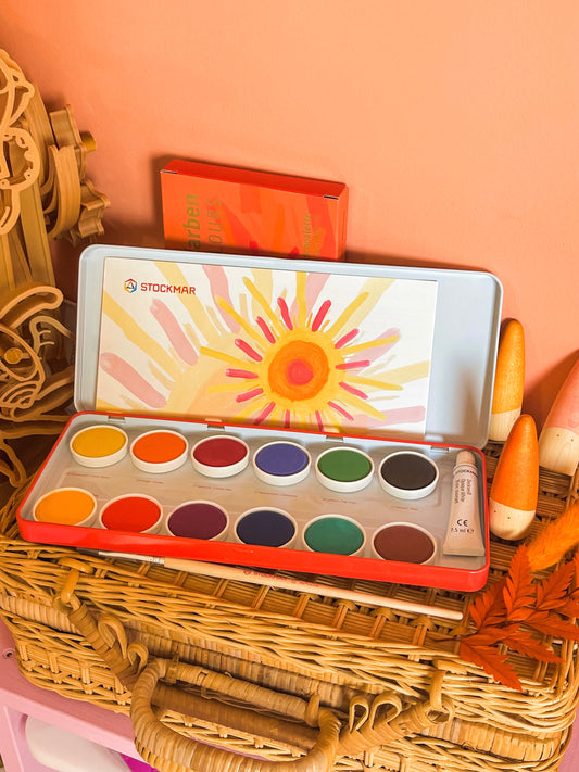 STOCKMAR Watercolour Paint Set in Tin 12 Opaque Colours, White, Brush + Mixing Palette