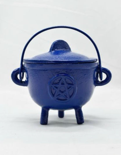 Cast Iron Cauldron Triple Moon With Lid Blue