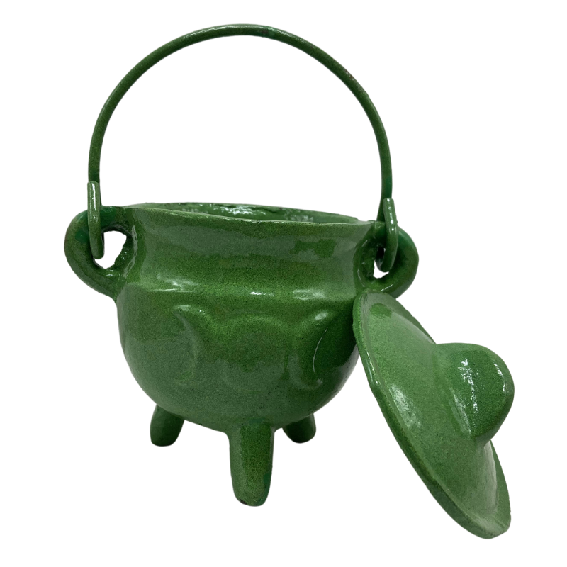 Cast Iron Cauldron Triple Moon With Lid- Green