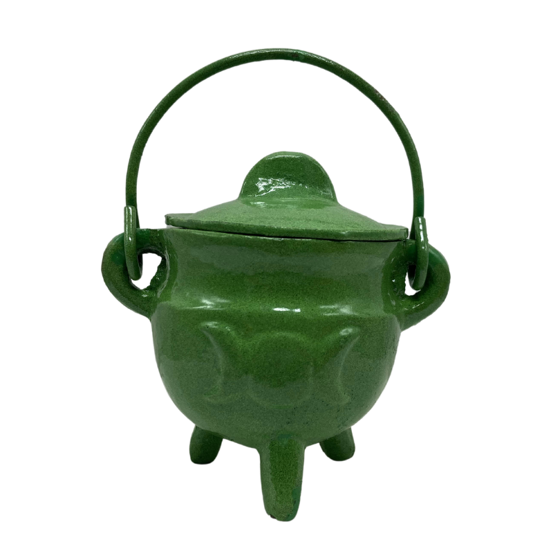 Cast Iron Cauldron Triple Moon With Lid- Green