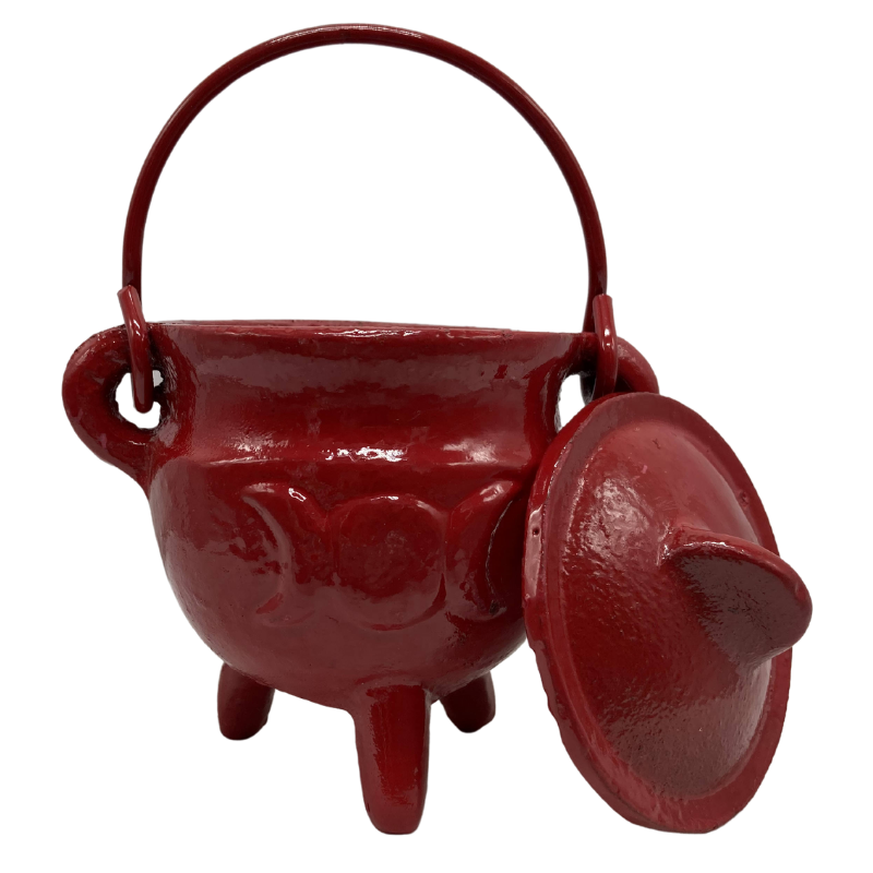 Cast Iron Cauldron Triple Moon With Lid Red