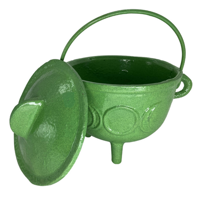 Cast Iron Cauldron Triple Moon With Lid- Green