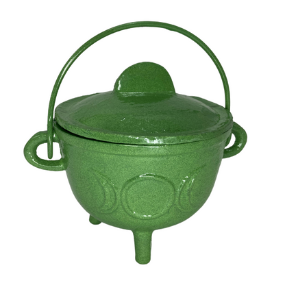 Cast Iron Cauldron Triple Moon With Lid- Green