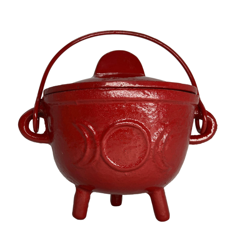 Cast Iron Cauldron Triple Moon With Lid Red
